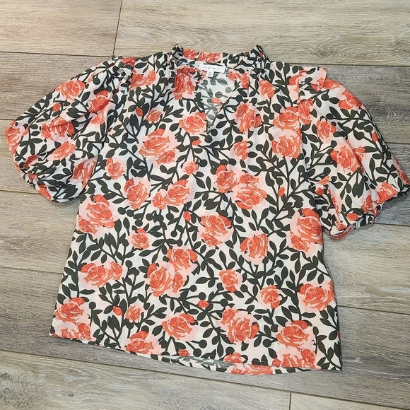 THML Tops - THML Coral and Green Floral Blouse